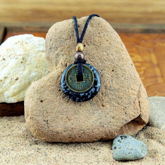 Snowflake Obsidian and Chinese Lucky Coin Necklace - Picture 4 of 5